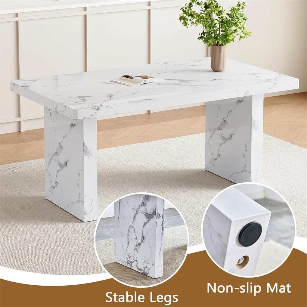 63" Marble Grain Dining Table, Modern Dining Table for 4/6, Dining Room Table?White, Easy Assembly