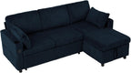84" Corduroy Pull Out Sofa Bed w/Adjustable Backrests, Blue