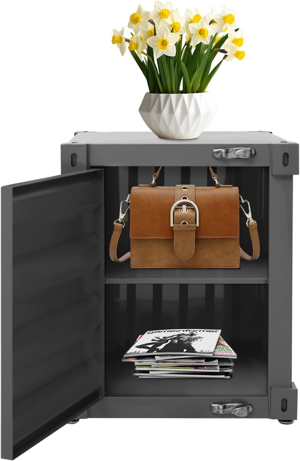 Industrial Iron Container Cabinet with Lock, Metal Side Table for Living Room Bedroom, Locker End Table with Storage Cabinet (Black)