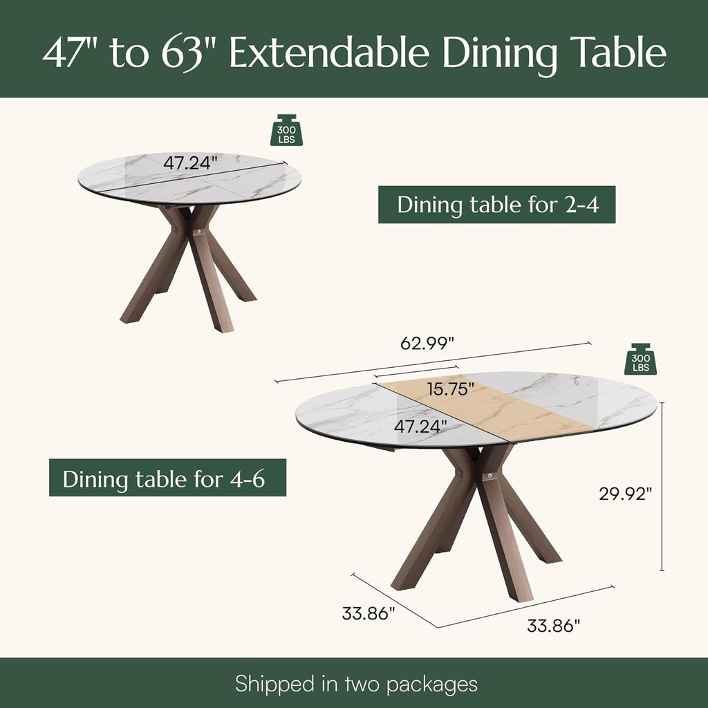 POVISON Modern Extendable Dining Table, 47" to 63" Round to Oval Sintered Stone Kitchen Table with Carbon Steel Pedestal Base for 4-6, White with Bronze(Table Only