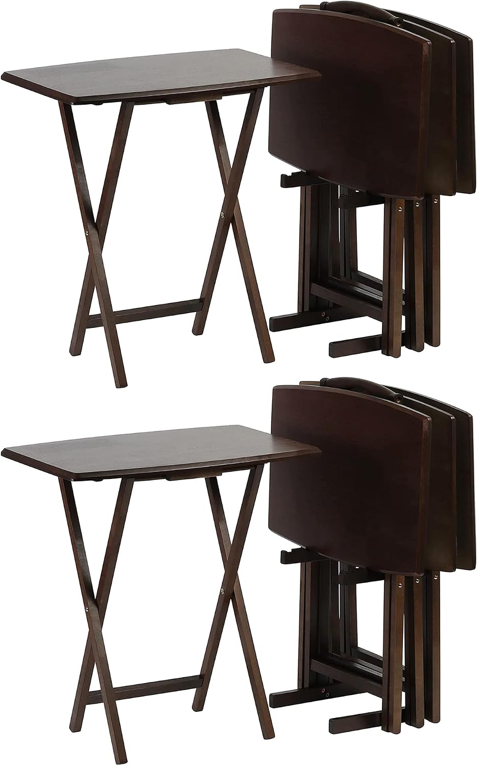 PJ Wood - 5-Piece Folding Tray Table Set - Walnut with Rack | Solid Wood, 14.57 x 19.09 x 26 in, 36 lb Capacity, Indoor Use, Rectangular Design, Glide Feet, Space Saving Storage
