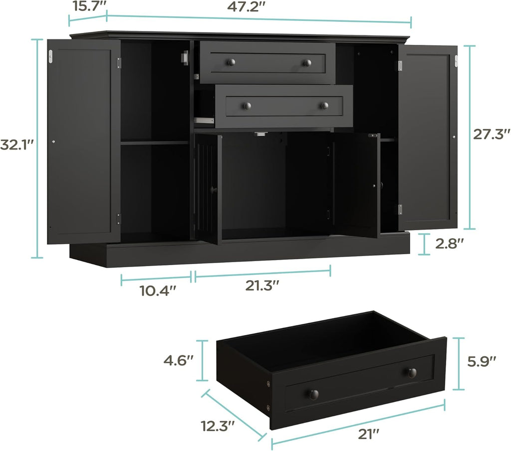 Farmhouse 47" Buffet Cabinet with Storage,Large Sideboard Buffet with Drawers and Adjustable Shelves, Rusitc Coffee Bar Cabinet for Kitchen, Black