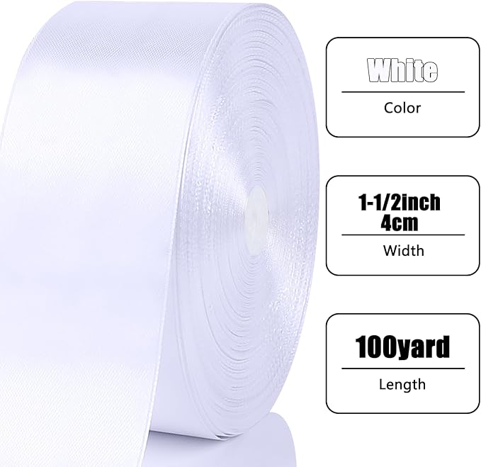 NESCCI 100 Yards Ribbon,1-1/2 Inch White Satin Ribbon,Single Face Satin Ribbons,Perfect for Gift Wrapping,Wedding Decoration,Handmade Bows, Wrapping Bouquet,Halloween,Christmas