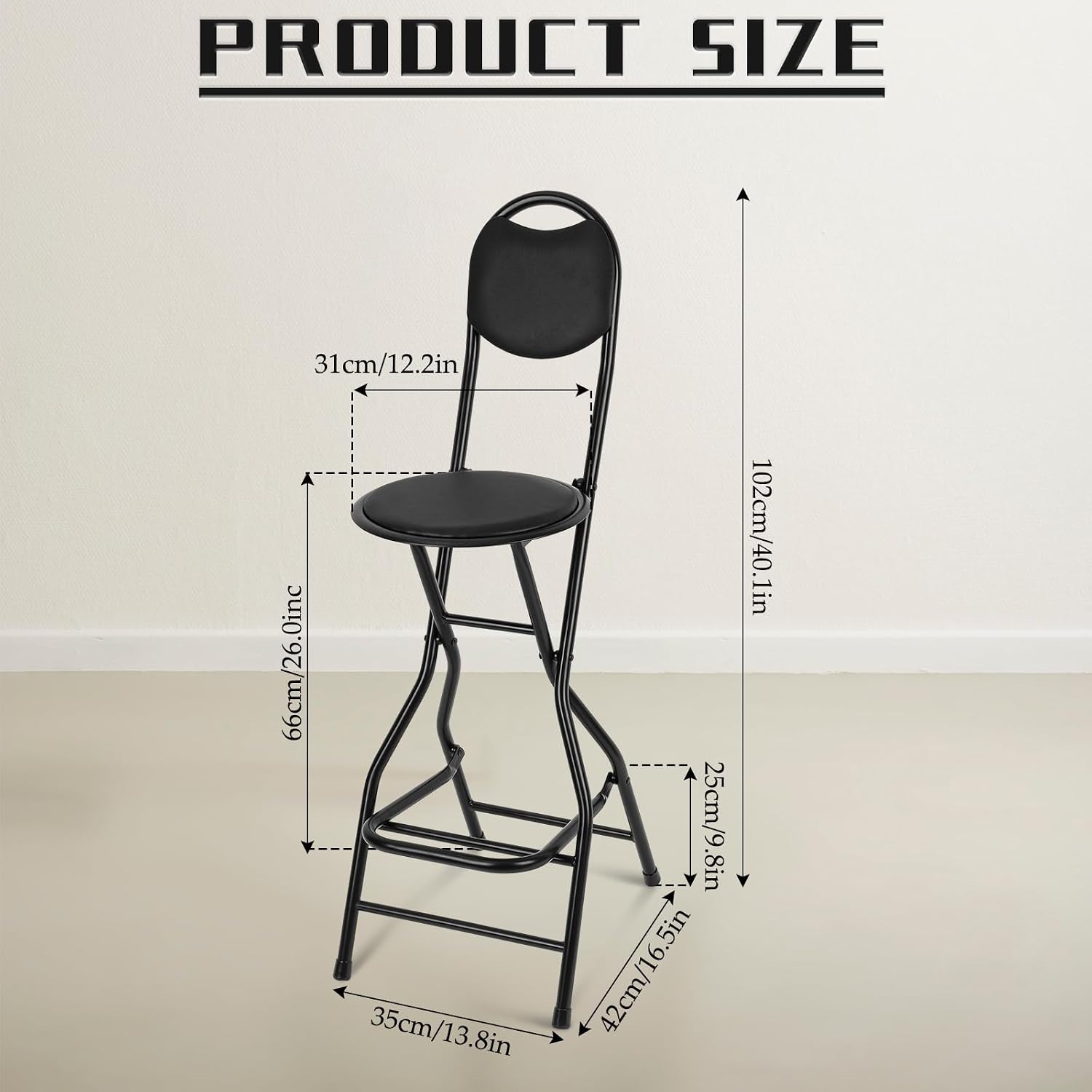 Sintuff 1 Pcs Seat Height 26 Inch Folding Bar Stool with Backrest Leather Padded Collapsible Stools for Adults Portable Black Bar Height Folding Chairs for Outdoor Indoor Kitchen Shop Cafe