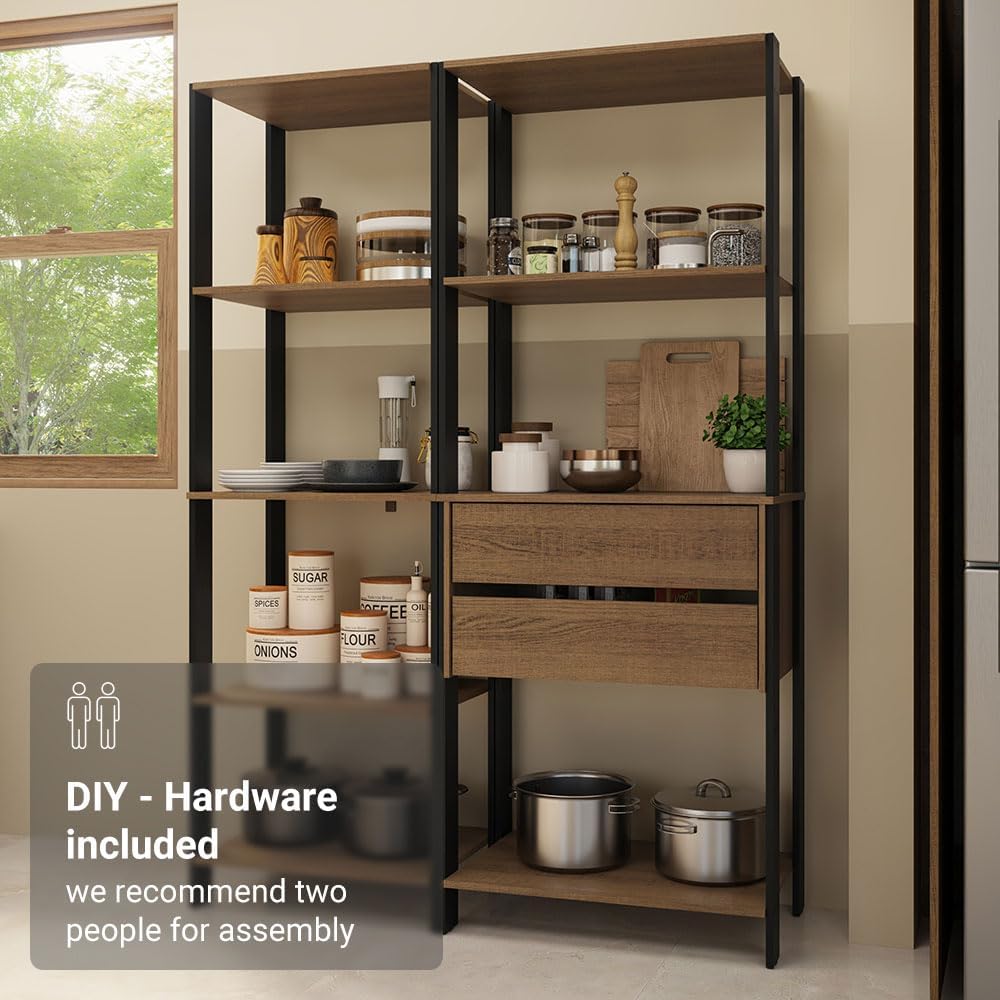 Madesa Kitchen Pantry Storage Rack with 2 Drawers and Open Shelves 51" L Multiuse Modular Cabinet for Kitchen Organization - Black/Brown