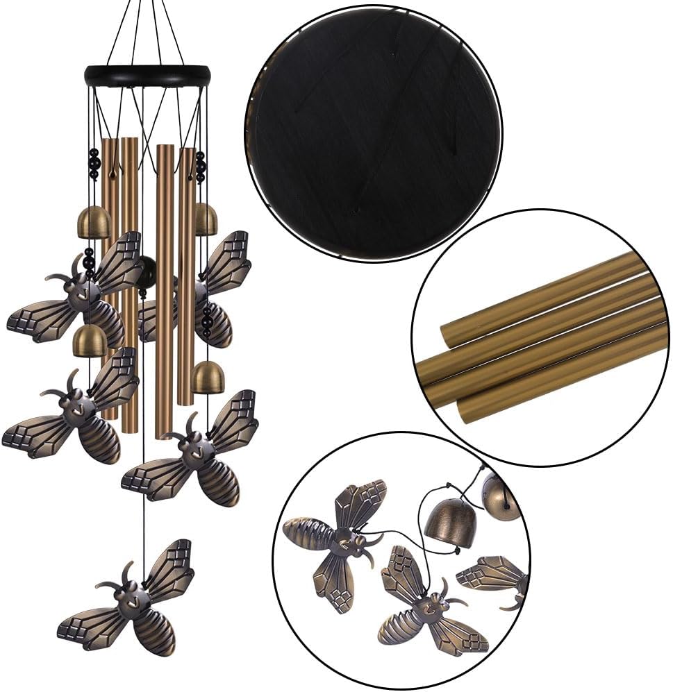 Garden Bee Wind Chimes Outdoor Indoor Decor - with 4 Tubes 4 Bells 5 Bees Wind Chime, Mobile Romantic Bee Wind Catcher, Bees Windchimes for Home, Mom Gifts, Balcony, Tree, Festival, Garden Decoration