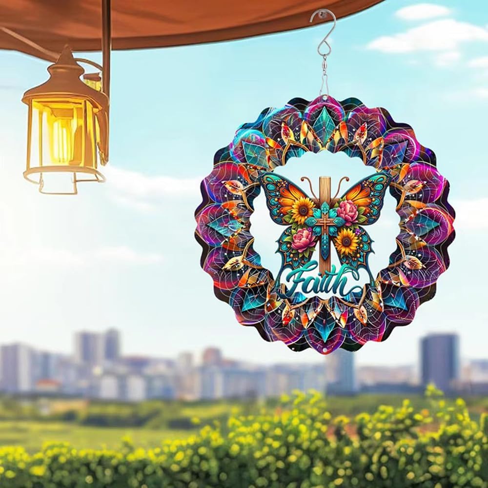 Cross Wind Spinner, Metal Wind Spinners Outdoor/Indoor, Cross Butterfly Hanging Garden Decor for Outside, Stainless Wind Spinners for Yard and Garden 10 inch 3D (25X24.95 CM)