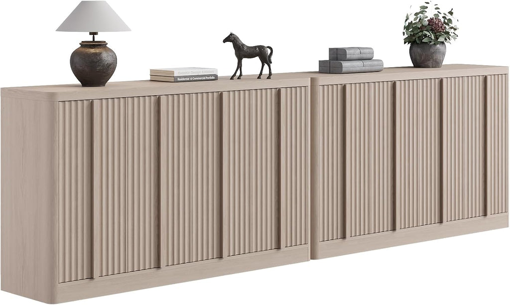 Fluted Buffet Cabinet with Storage, 120" Sideboard Buffet Storage Cabinet with 8 Doors & Solid Wood Handle, Coffee Bar Wood Credenza Cabinet for Kitchen, Living Room, Hallway, White Alder(2PCS)