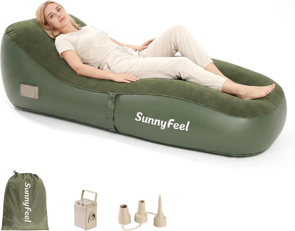 SUNNYFEEL Inflatable Lounger Couch with Built-in Pump, Heavy Duty PVC Flocked Inflatable Sofa Chair for Adults, Portable Air Lounger for Camping, Beach, Home & Outdoor, Army Green