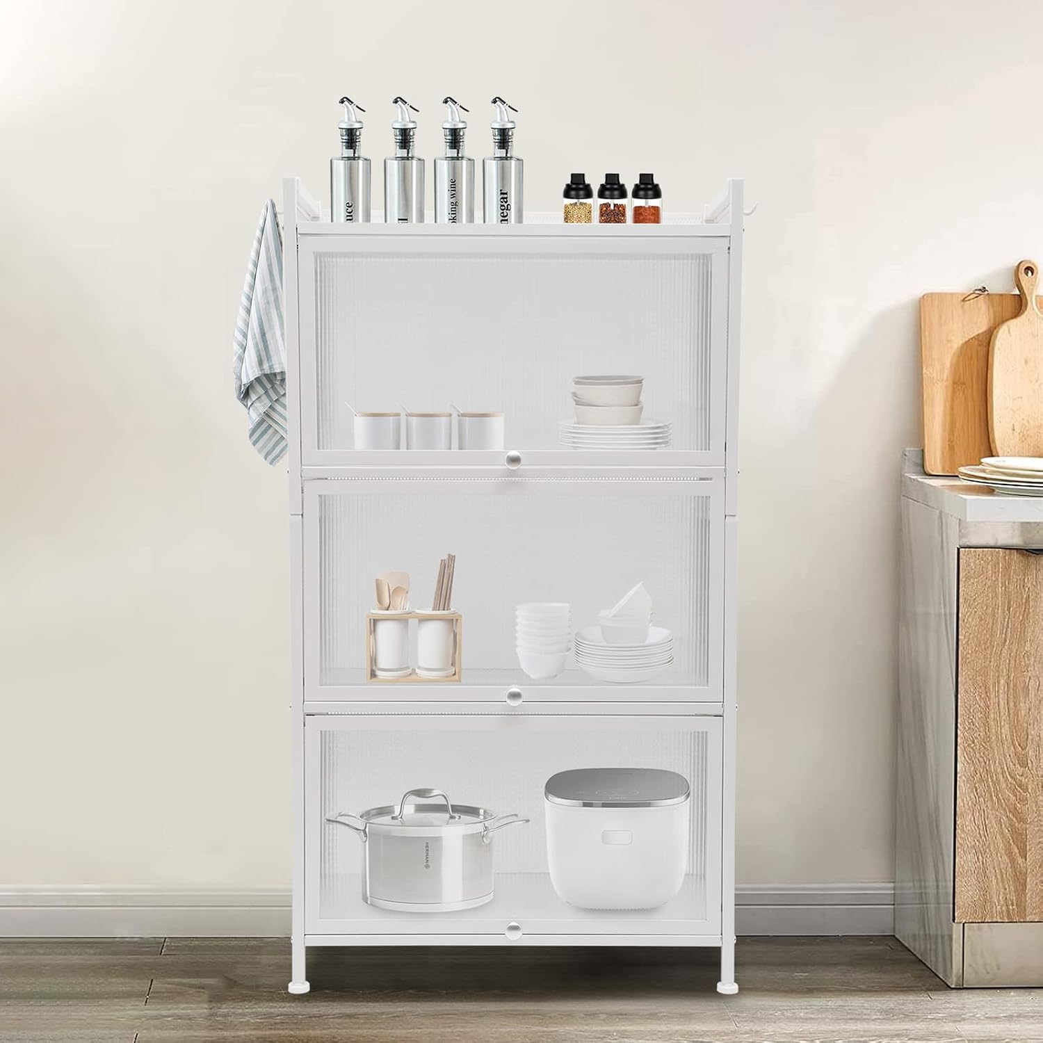 Kitchen Sideboard Pantry Cabinets with Hooks, 4 Tier Kitchen Organizer Shelf for Dishes, Wine, Pots and Pans with 4 Hooks, Modern Food Pantry Cabinets with Drawer for Kitchen Dining Living Room, White
