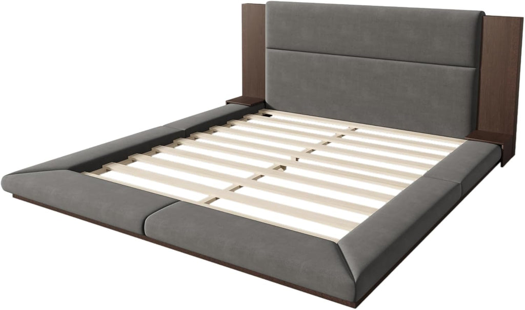SOFTSEA King Size Floor Platform Bed Frame, Upholstered Floor Bed with Extended Headboard & Bedside Shelf, Velvet Fabric Grounded Bed Frame King Size for Bedroom, No Box Spring Needed, Gray