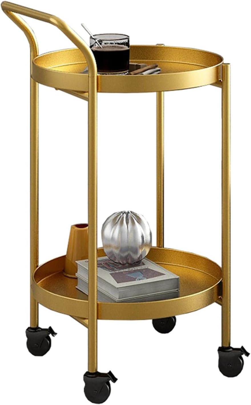 Round Side Table Metal End Coffee Table with Wheel Movable Tray Sofa Cart(Gold,2 Tier)