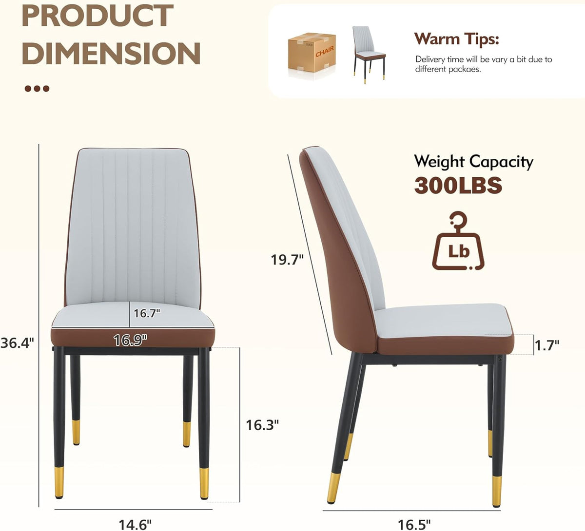 Upholstered Dining Chairs Set of 6, Mid-Century Modern Leather Dining Room Chair with Metal Legs & Padded Seat, Stylish Elegant Living Room Accent Chair (Brown-Grey, Set of 6)