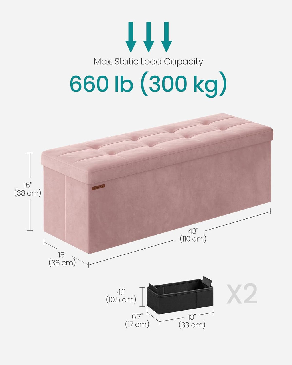 SONGMICS Storage Ottoman Bench, 43.3 Inches Velvet Foldable Foot Rest | Foot Rest, End of Bed Bench, Load up to 660 lb, Jelly Pink, MINOTA Collection ULSF277R01