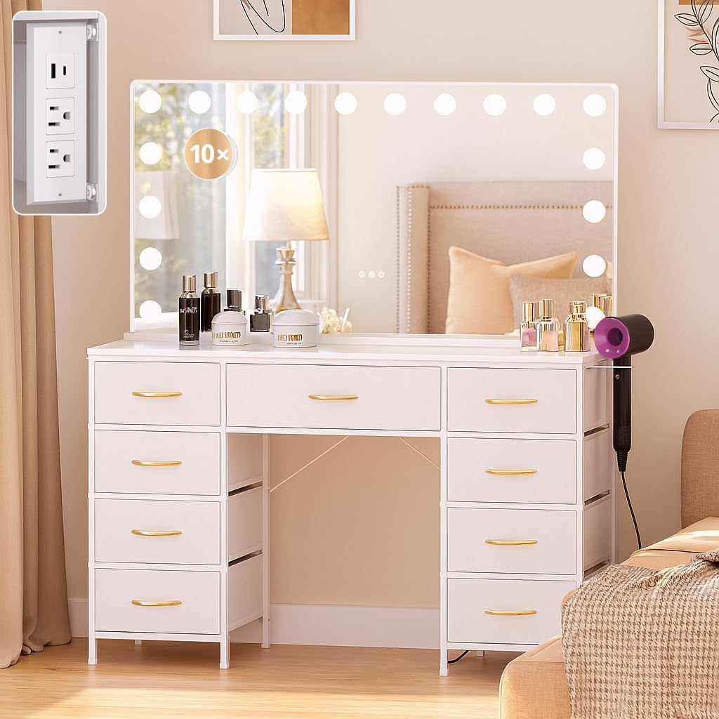 COMHOMA Vanity Desk with Large Mirror,15 LED Bulbs and Power Outlet,Makeup Table with 9 Storage Drawers and HD Mirrors,3 Color Modes Adjustable Lighting for Bedroom Dressing Room (White, 47inch)