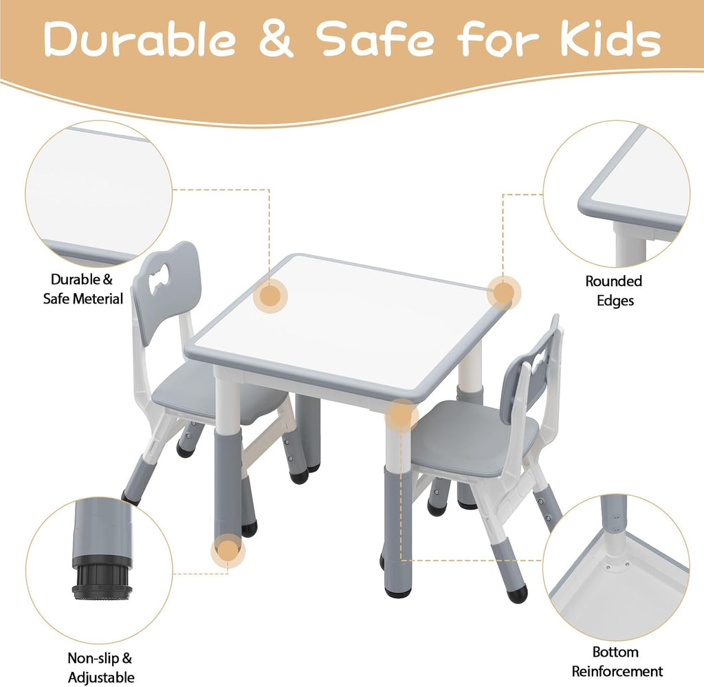 IDEALHOUSE Height Adjustable Kids Table and 2 Chairs Set,Dark Grey | 23.6 Inch Square Tabletop, Non-Slip Leg Pads, Wood Grain Composite Surface, Multi-Activity Use