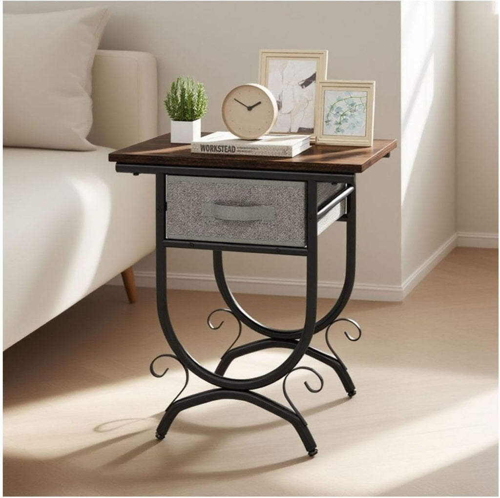 Side Table with Fabric Drawer & Metal Frame - Living Room, Bedroom - Black & Gray - 19" x 14" x 21"