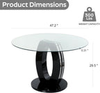 RGZ 47'' Modern Luxury Clear Glass Round Dining Table for 4-6, Glass Circle Top Kitchen Table with Elegant Silver Decorative Strips & Black Base, Circular Apartment Dinner Table for Home, Living Room