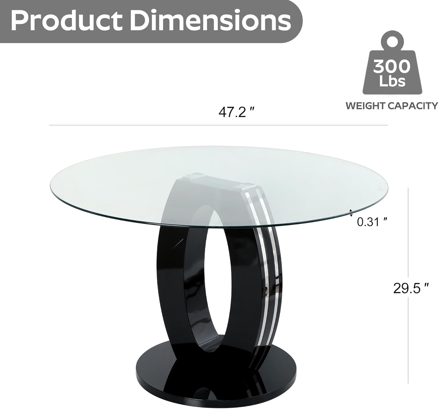 RGZ 47'' Modern Luxury Clear Glass Round Dining Table for 4-6, Glass Circle Top Kitchen Table with Elegant Silver Decorative Strips & Black Base, Circular Apartment Dinner Table for Home, Living Room