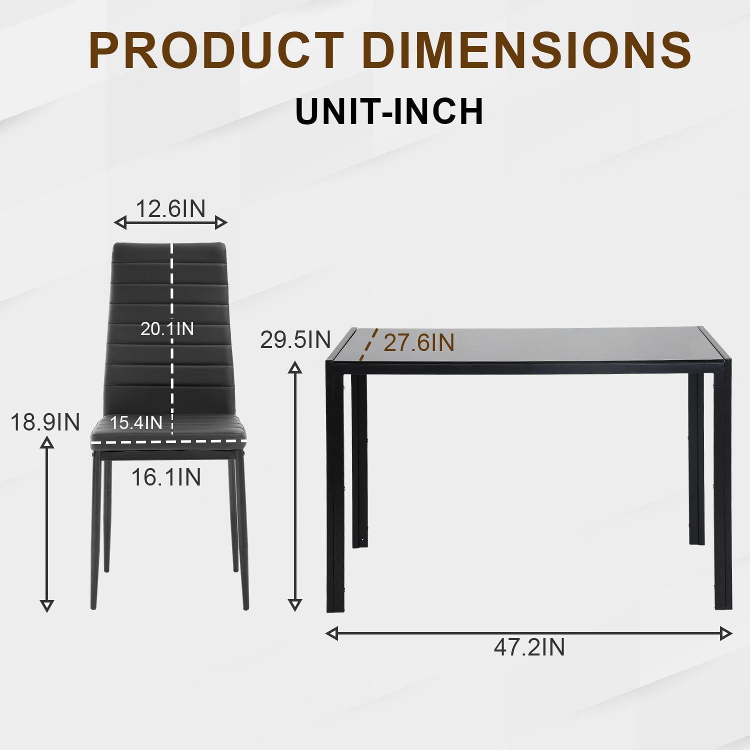 NChanmar Dining Table Set for 4 Furniture 5 Piece Faux Dining Set, Modern Kitchen Table with Upholstered PU Leather Chairs and Glass Tabletop for Breakfast Nook Small Spaces,Black
