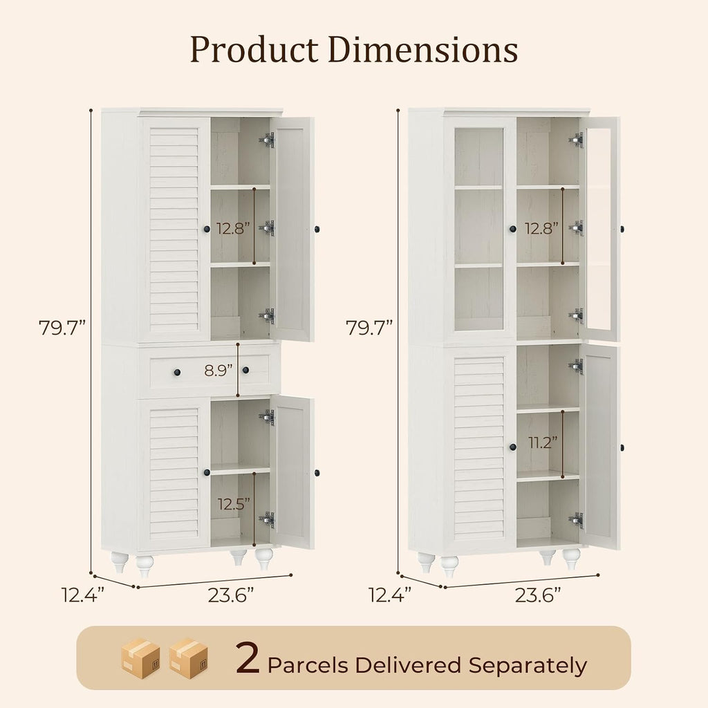 80" Kitchen Pantry Cabinet Set of 2, Farmhouse Storage Cabinets with Glass & Louvered Doors, Adjustable Shelves for Dining Room, Living Room, Home Office, Rustic White