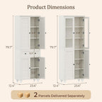 80" Kitchen Pantry Cabinet Set of 2, Farmhouse Storage Cabinets with Glass & Louvered Doors, Adjustable Shelves for Dining Room, Living Room, Home Office, Rustic White