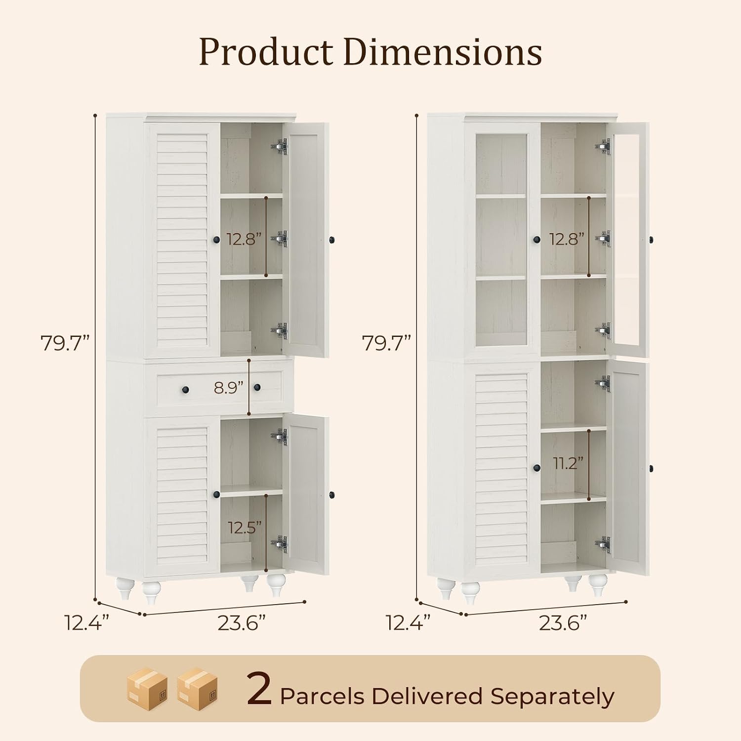 80" Kitchen Pantry Cabinet Set of 2, Farmhouse Storage Cabinets with Glass & Louvered Doors, Adjustable Shelves for Dining Room, Living Room, Home Office, Rustic White