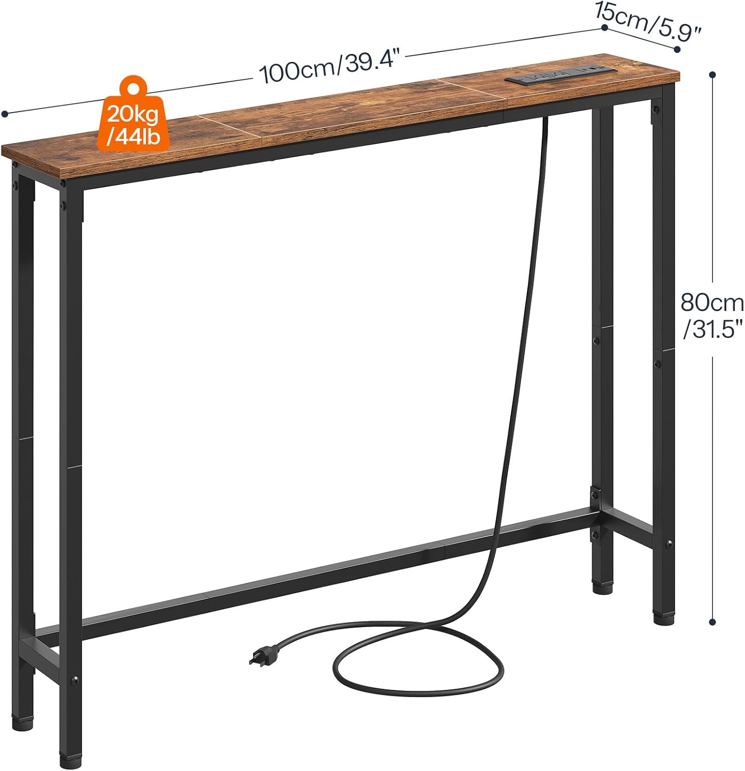 HOOBRO 39.4 Inch Narrow Console Table with Power Outlets, 5.9 Inch Sofa Table with Storage, Skinny Behind Couch Table, for Entryway Hallway, Small Spaces, Rustic Brown and Black BF52UXG01G1