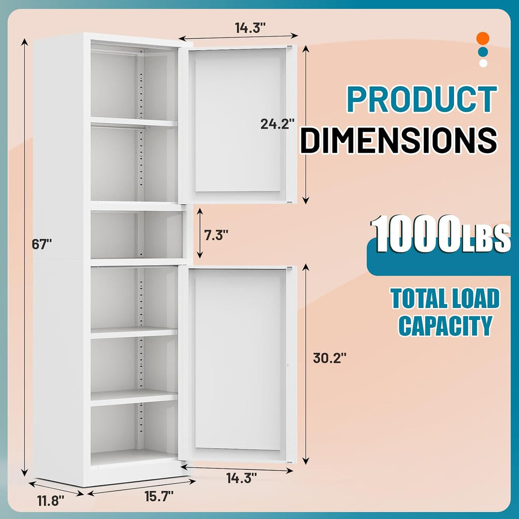 Eltean 67" Tall Narrow Storage Cabinet,Bathroom Cabinets | Narrow Pantry Cabinet with 3 Adjustable Shelves,Reversible Doors Opening,Kitchen Cupboard for Pantry,White (15.7" W)