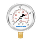 MEASUREMAN 2-1/2inch Dial Size, Liquid Filled Pressure Gauge, 0-200psi/kpa, 304 Stainless Steel Case, 1/4 inchNPT Lower Mount