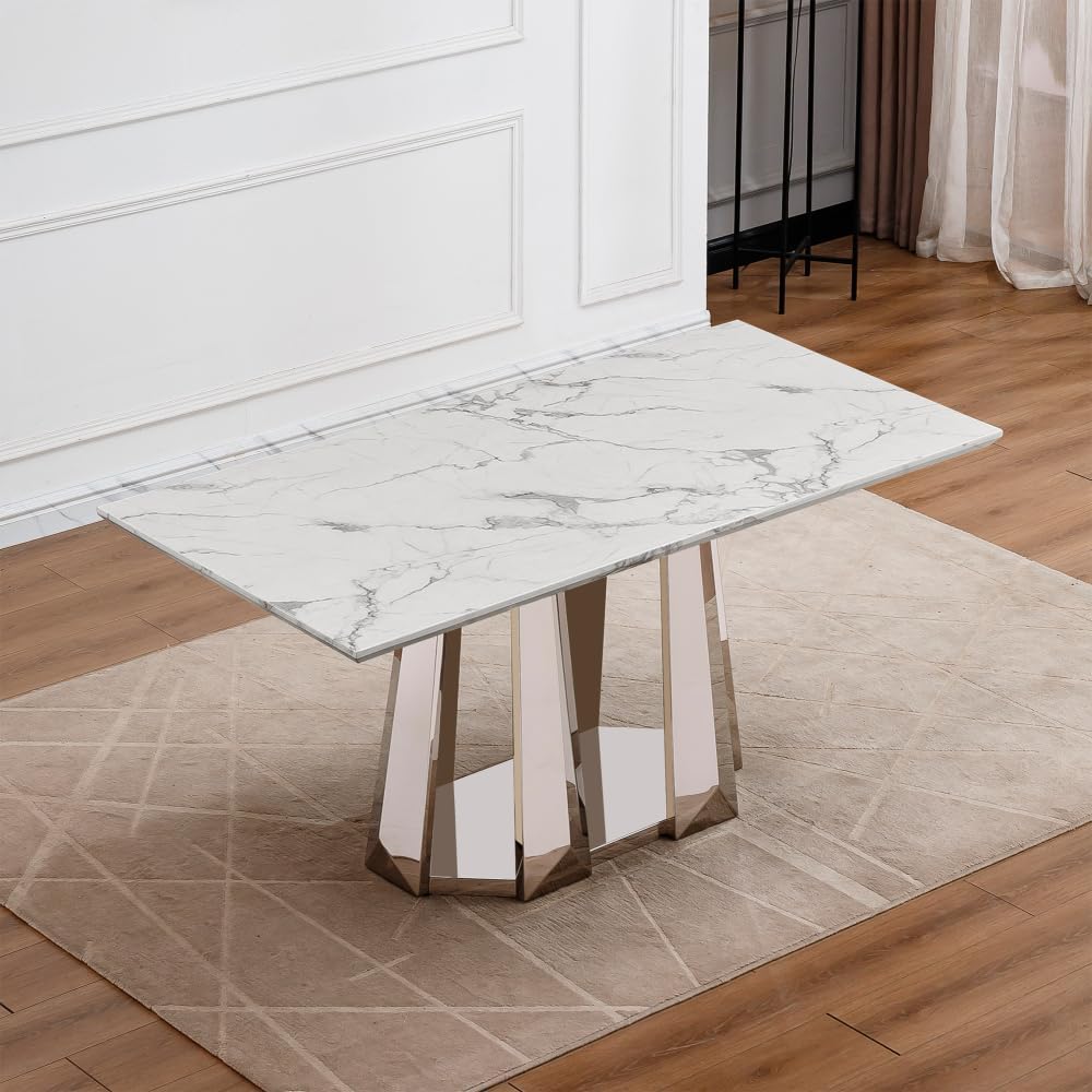 Luxury Rectangle Faux Marble 70" White Dining Table for 6-8 People, Modern Large Kitchen Table with Silver Mirrored Stainless Steel Leg Base, Dining Table for Dining/Living Room, Office (One Table)