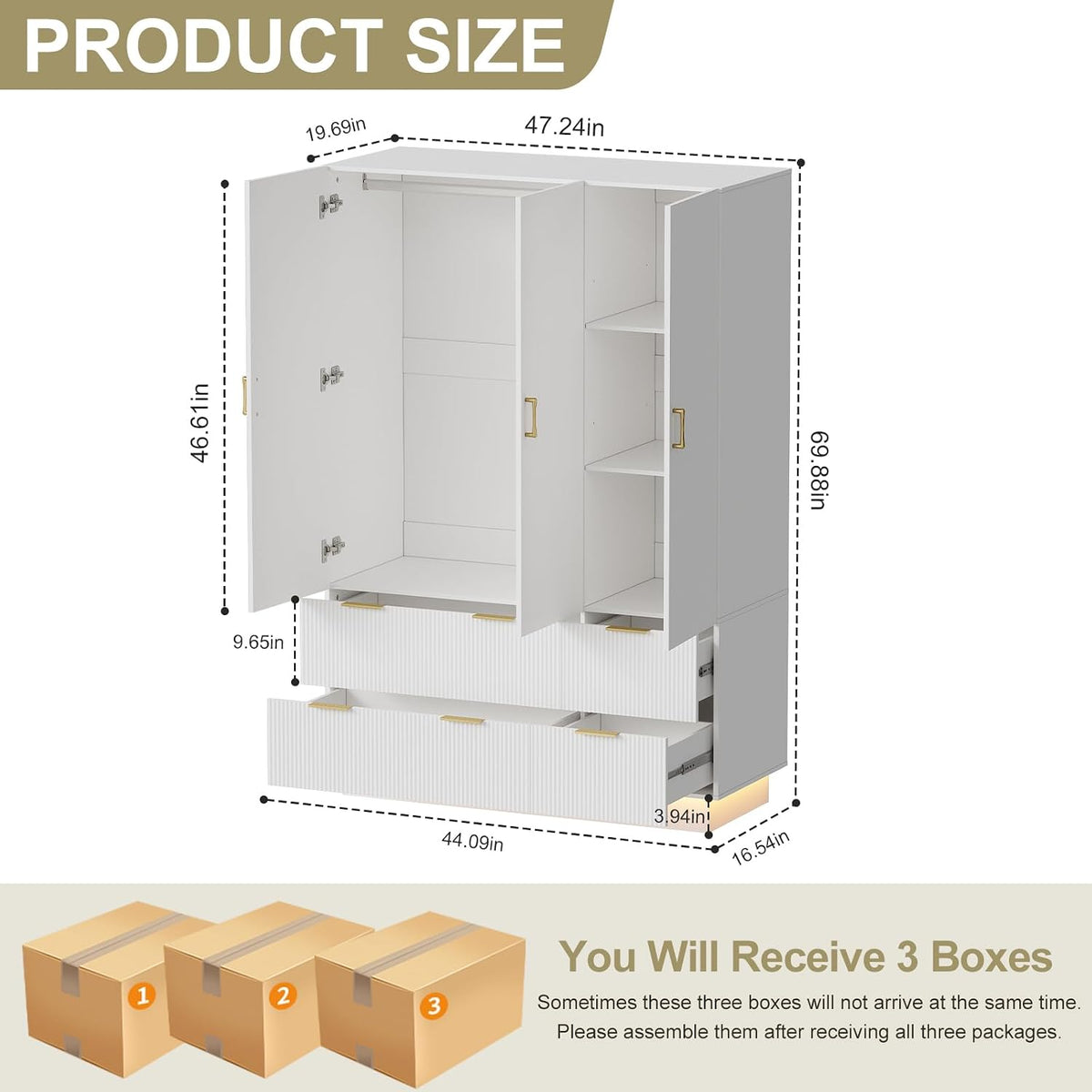 PAKASEPT Armoire Wardrobe Closet with 3 Door, Mirror, LED Lights | Hanging Rod, Drawers, Bedroom Armoires - Large Capacity Storage Wardrobe Armoire for Bedroom