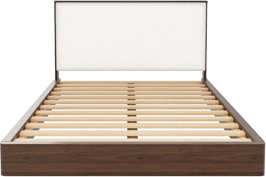 Merax Queen Platform Bed Frame with Bouclé Upholstered Headboard, Solid Wood Platform Bed, No Box Spring Needed, Noise-Free Modern Bed Frame for Bedroom, Walnut