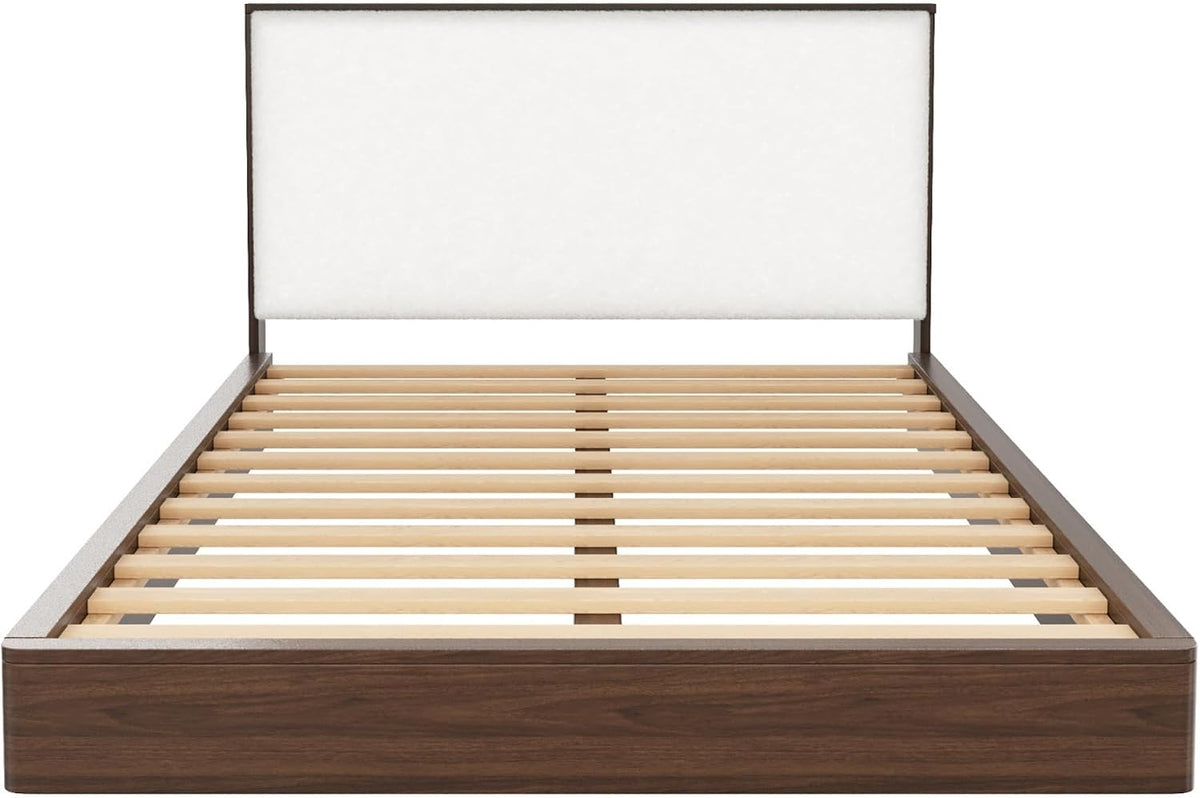 Queen Size Walnut Wood Platform Bed Frame with Soft Cloud Headboard