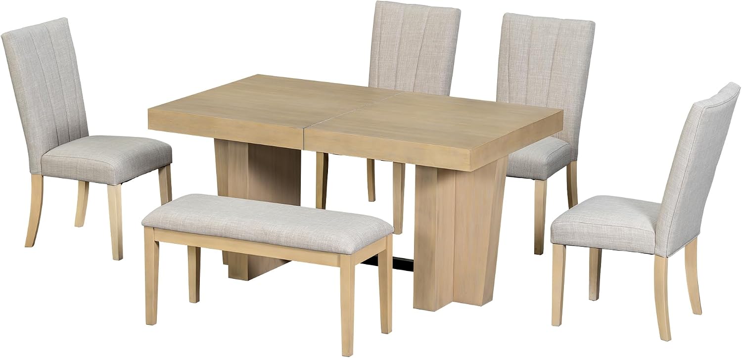 Quarte Farmhouse 78.1inch Extendable Wood Dining Table Set, 6-Piece Kitchen Table Set with Bench and 4 Upholstered Chairs,3.8inch Thick Tabletop and Trestle Legs (01-Natural)