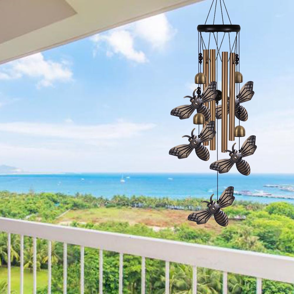 Garden Bee Wind Chimes Outdoor Indoor Decor - with 4 Tubes 4 Bells 5 Bees Wind Chime, Mobile Romantic Bee Wind Catcher, Bees Windchimes for Home, Mom Gifts, Balcony, Tree, Festival, Garden Decoration