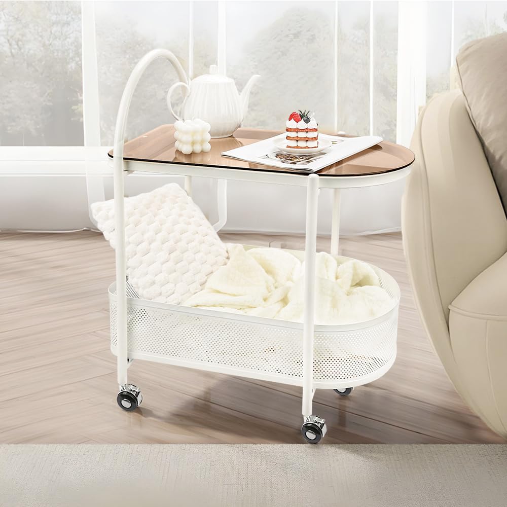 2 Tier Rolling Side Table, Metal Coffee Sofa Side End Table,Handle Utility Cart, Bed Side Table with Wheels Night Stand, Serving Cart,Drink Cart, for Living Room, Bedroom, Bathroom,White