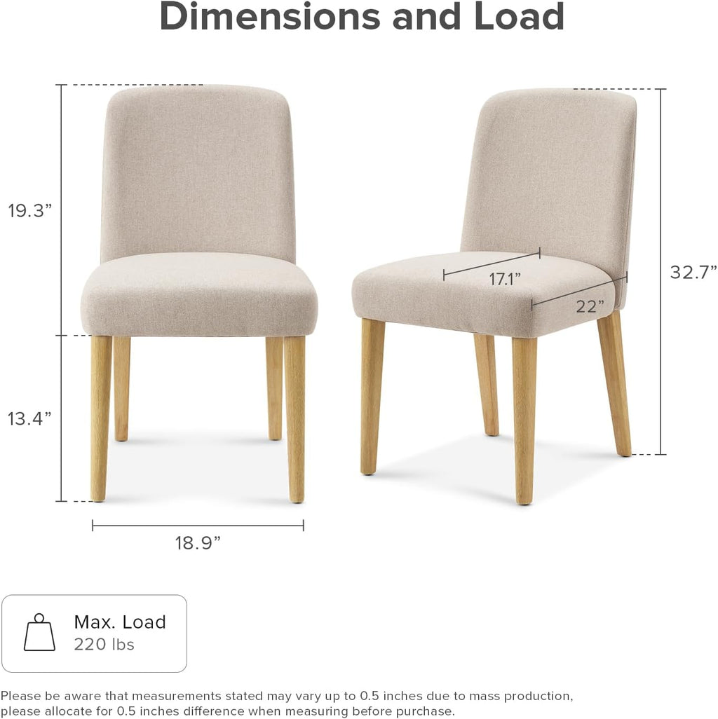 mopio Logan Upholstered Beige Parson Dining Chair Set of 4, Modern Farmhouse Solid Light Oak Wood with Ergonomic Curved Back Rest for Dining Room and Kitchen