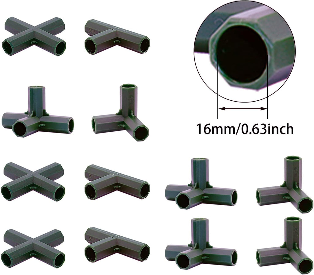 12PCS Fitting 16MM 4 Types Stable Support Heavy Duty Greenhouse Frame Building Connector Black Suitable for Grape Trellis Sunscreen Shed Gardening
