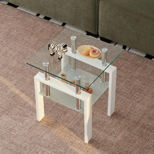 Glass End Table Tea Table with Shelf Side Table with Metal Legs Modern Small Tables for Living Room (White)
