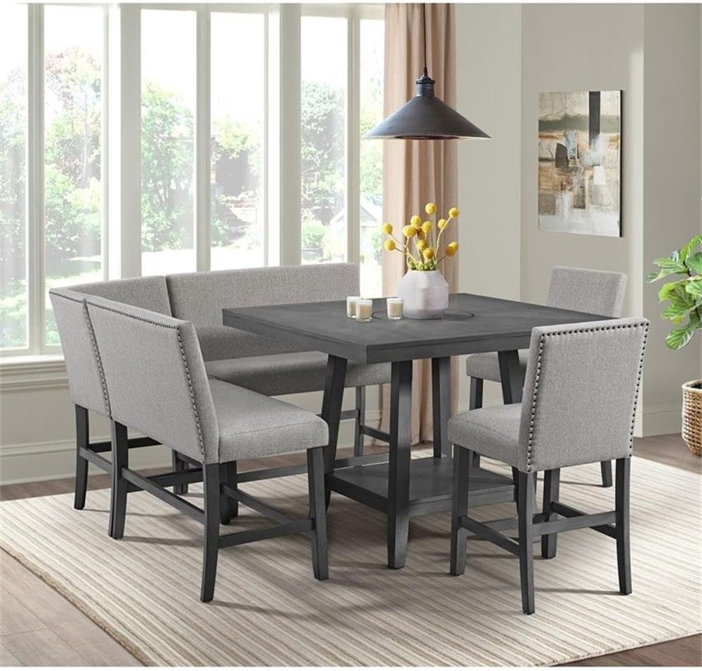 Pemberly Row Counter Corner Bench, 22" W x 22" D x 40" H, Upholstered Back in Gray, Foam-Filled Seat, Nailhead Trim, Rubberwood Frame, Versatile Seating for Kitchen or Dining Room
