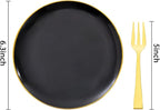 Festiva 200Pcs Black Gold Dessert Plates 6.3" with Plastic Forks 5"- Small Disposable Plates- Dessert/Cake/Appetizer Plastic Plates include 100Plates 100Forks for Christmas Party&Halloween&New Year