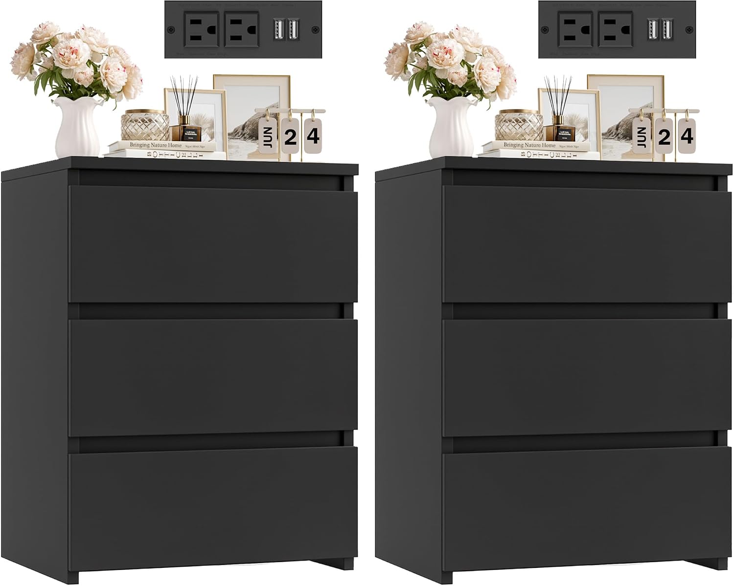 FOTOSOK Nightstands Set of 2, Black Nightstand with Charging Station