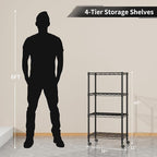 Small 4 Tier Shelves Storage Wire Shelving Unit Metal Shelf Adjustable Organizers Storage Shelving with Wheels for Bathroom Laundry Room Kitchen Pantry12”D x 18”W x 44.8”H Black