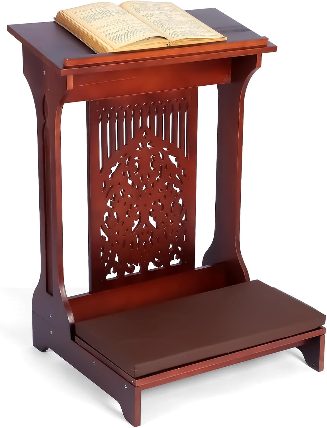 Colingmill Tree of Life Church Prayer Bench Stool Wooden Padded Kneeler with Shelf and Cushion Prayer Kneeler for Home Church Religious Gifts, 24 x 22 x 32 inches(Walnut Color)
