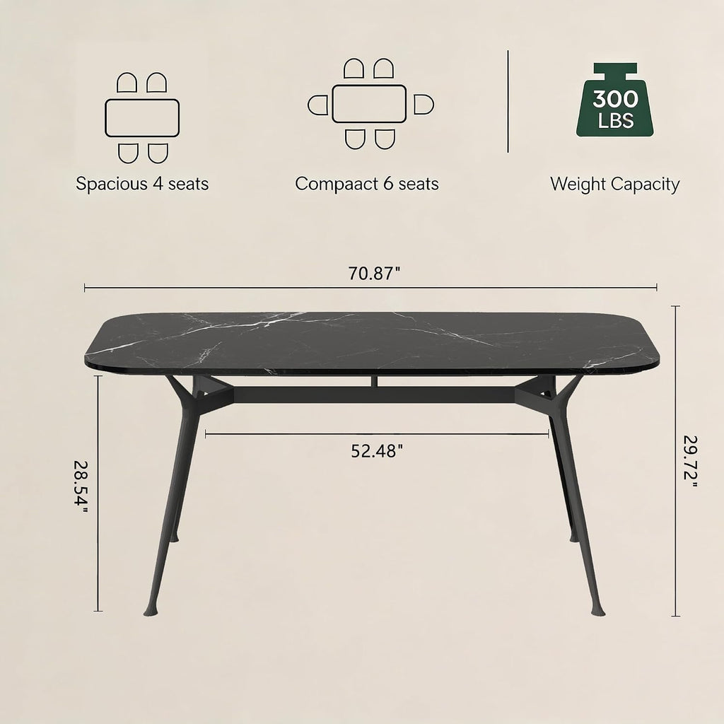 Dining Table for 4-6，70.87" Glossy Sintered Stone Top Dining Table with Carbon Steel Pedestal, Modern Dining Room Table for Kitchen, Living Room (Black, Table Only)
