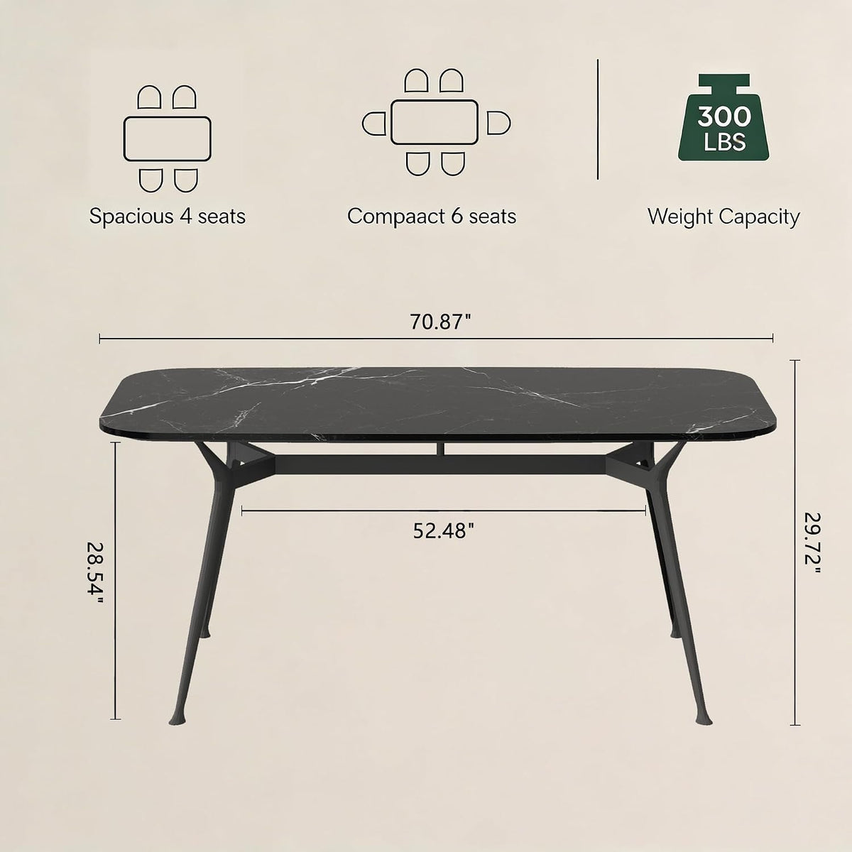 Dining Table for 4-6，70.87" Glossy Sintered Stone Top Dining Table with Carbon Steel Pedestal, Modern Dining Room Table for Kitchen, Living Room (Black, Table Only)