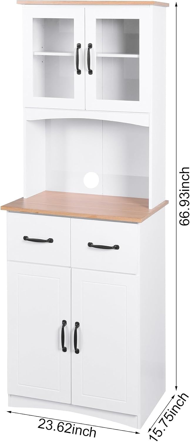 Kitchen Pantry Storage Cabinet with Framed Glass Doors and Drawer, Microwave Stand with Adjustable Shelves, Freestanding Cupboard for Kitchen, Dining Room or Apartment