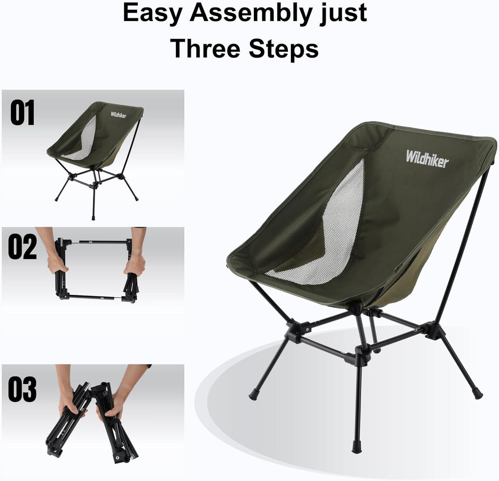Wildhiker Lightweight Camping Chair – Folding Portable Chair for Adults, 2.16 lbs with Square Base and Carry Bag for Travel, Fishing, Motorcycle, Festival– Green
