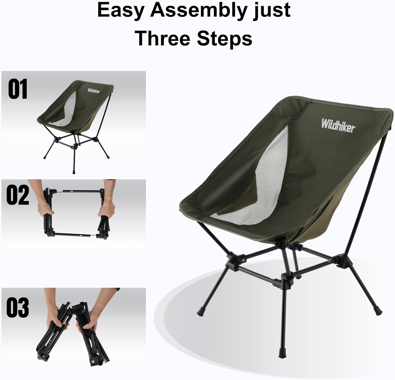 Wildhiker Lightweight Camping Chair – Folding Portable Chair for Adults, 2.16 lbs with Square Base and Carry Bag for Travel, Fishing, Motorcycle, Festival– Green